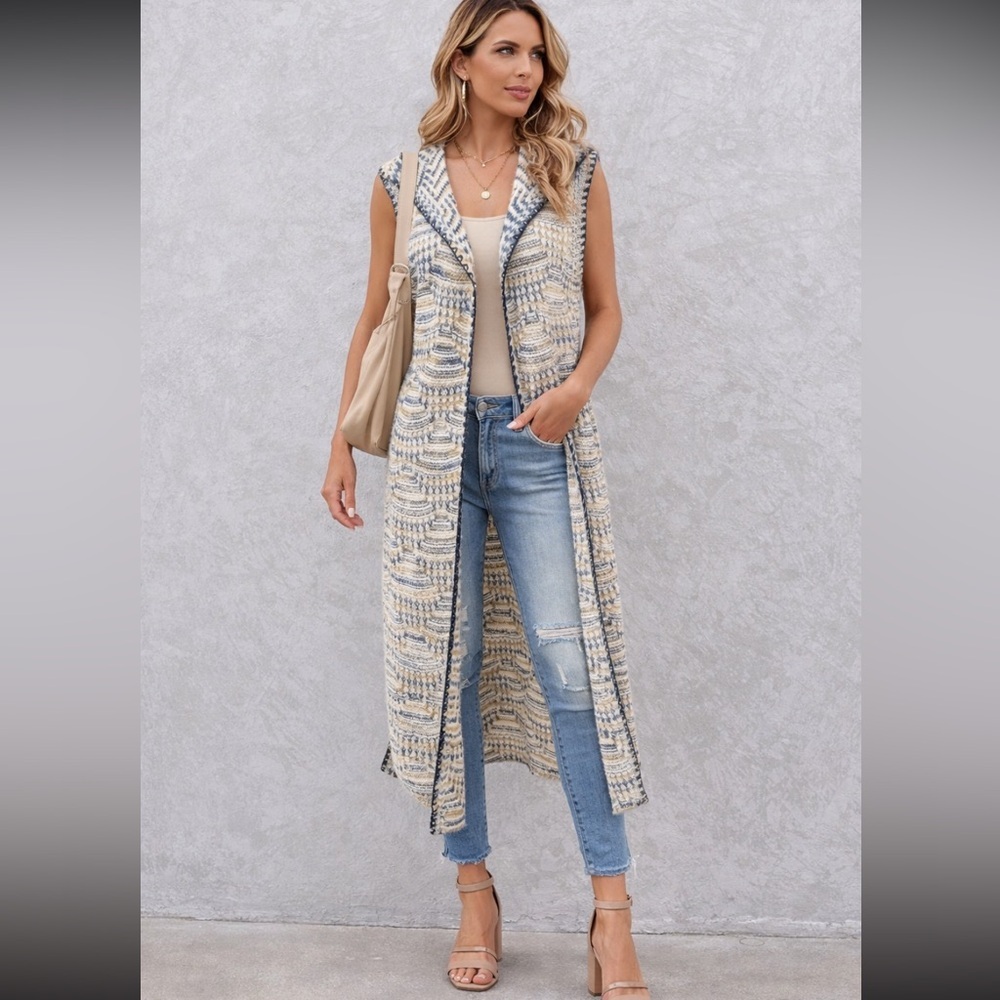 Sage & Flower Longline Hooded Sweater Cardigan Vest Blue with gold metallic Sz S